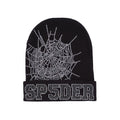 Black acrylic beanie with a rhinestone spider web and "SP5DER" design on the cuff.