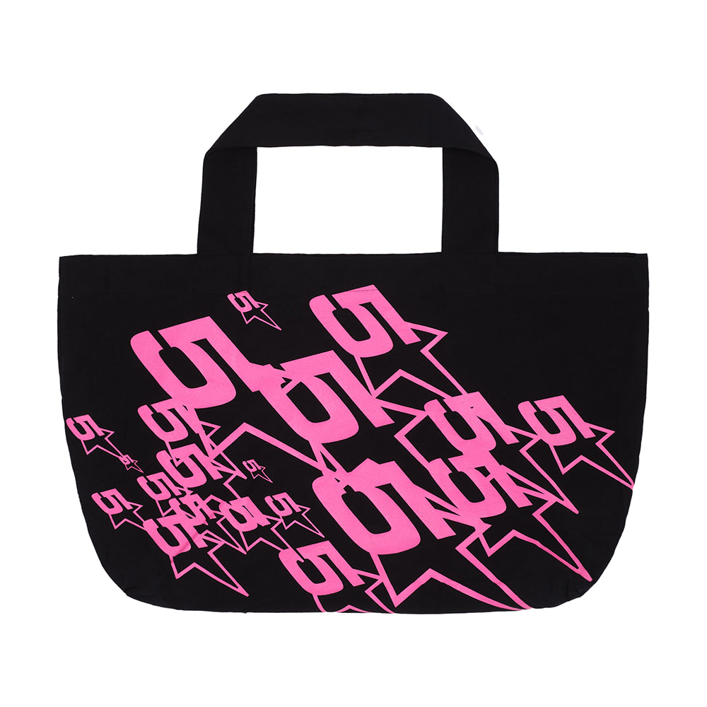 Black oversized twill tote bag with jumbo pink "555" print and star designs.