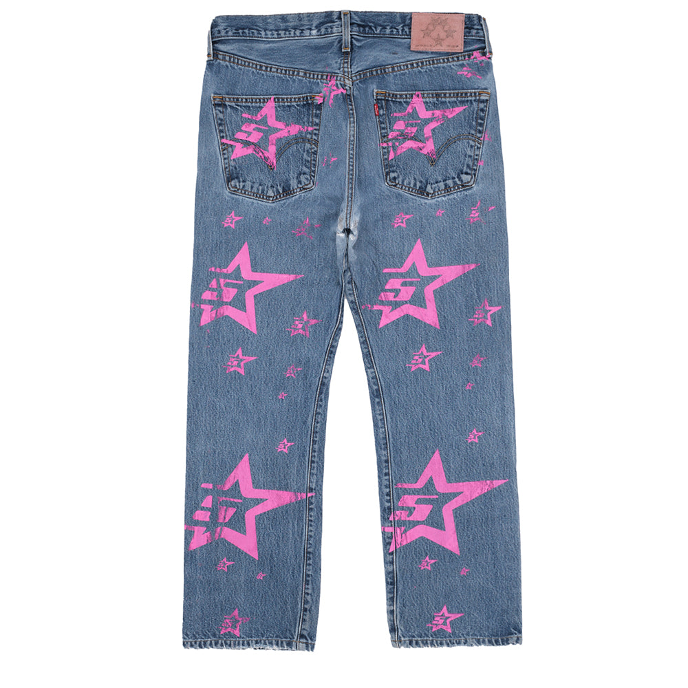 Vintage Levi's 501 jeans with pink SP5DER back tab and all-over pink "5 Star" graphic.