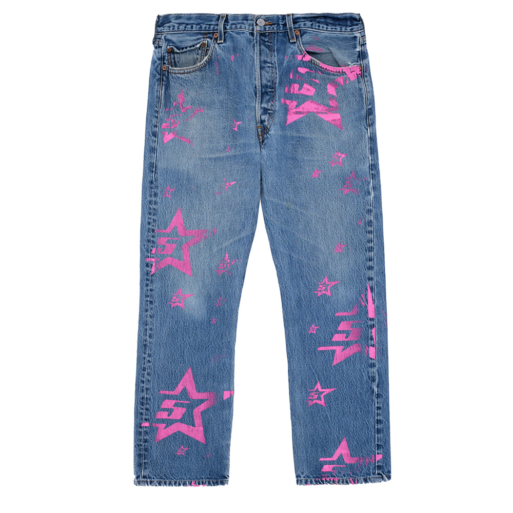 Vintage Levi's 501 jeans with all-over pink "5 Star" graphic and distressed denim.