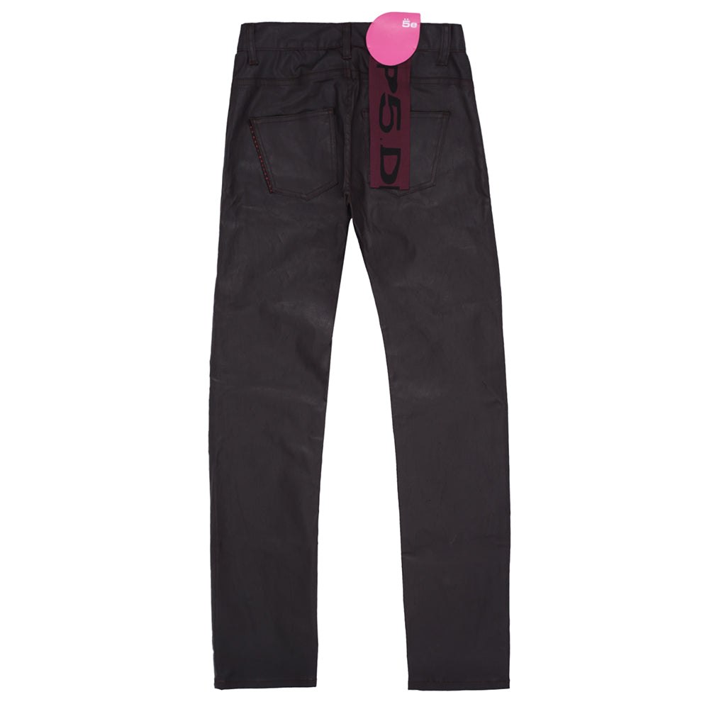 Brown coated canvas SP5DER jeans with branded tack buttons and high-density embroidery.