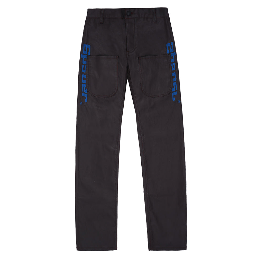 Brown coated canvas jeans with blue SP5DER embroidery on front pockets and branded tack buttons.