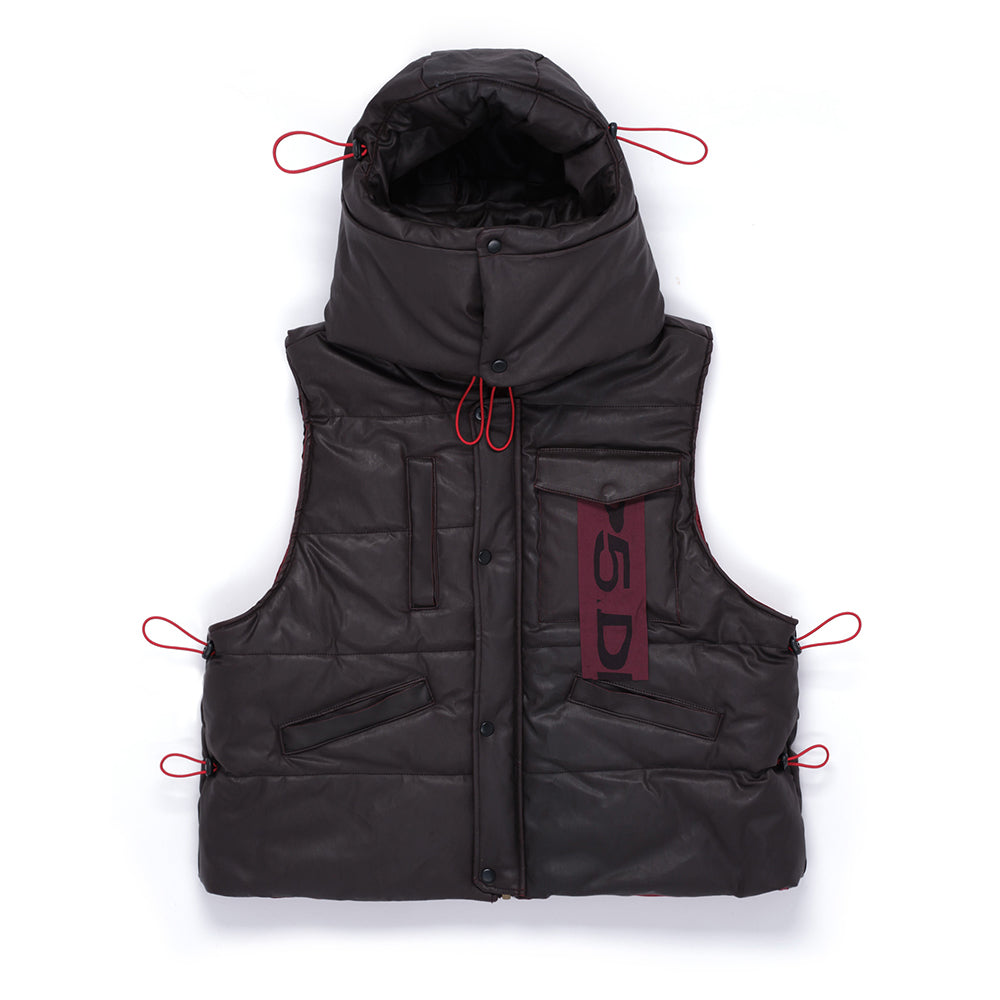 Brown coated canvas hooded puffer vest with red drawstrings and SP5DER label.