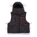 Brown coated canvas hooded puffer vest with red drawstrings and SP5DER label.