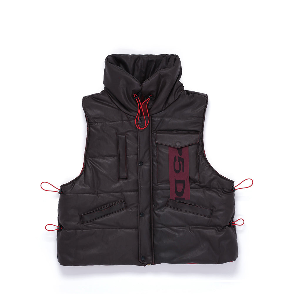 Brown hooded puffer vest with red drawstrings, antique brass zipper, and SP5DER label.
