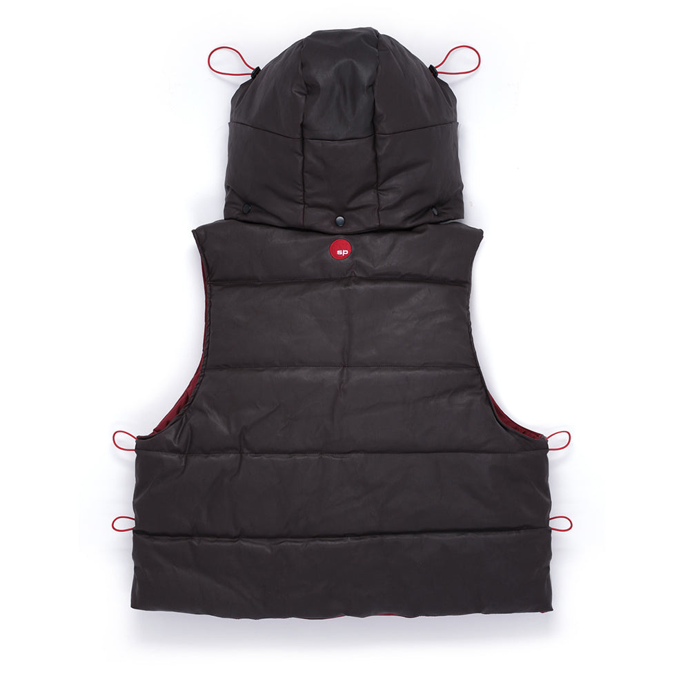 Brown hooded puffer vest with red lining, SP5DER label, and red drawstring details.
