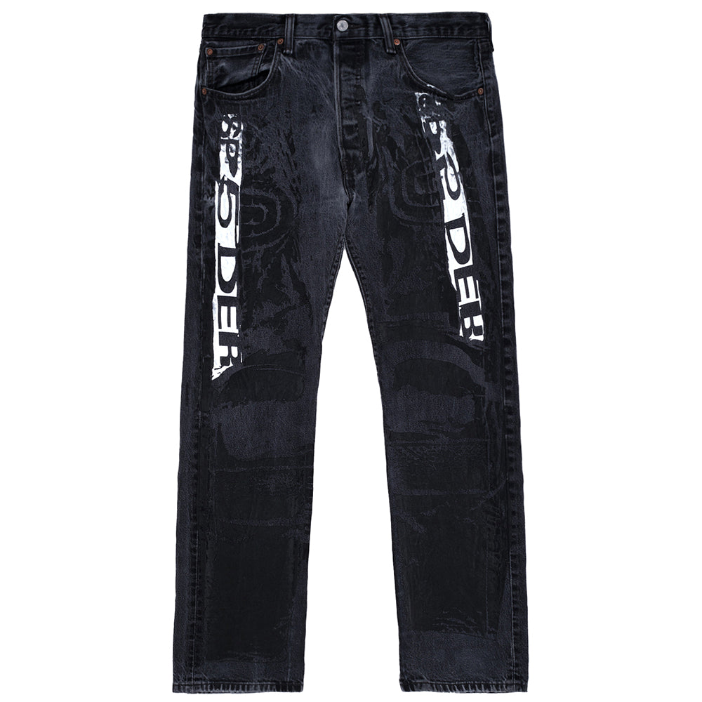 Vintage black Levi's 501 MOTO JEAN with white SP5DER graphics and tonal moto design.