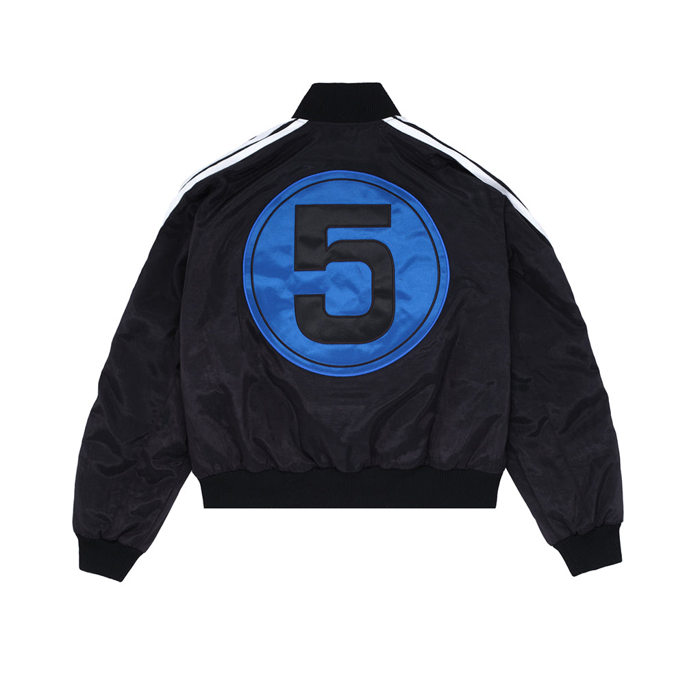 Black satin bomber jacket with white sleeve stripes and a large blue "5" on the back.