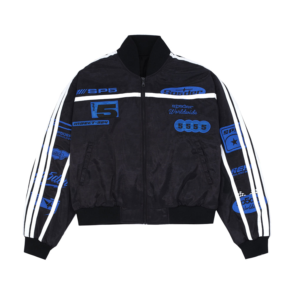 Black satin bomber jacket with blue and white racing stripes and patches.