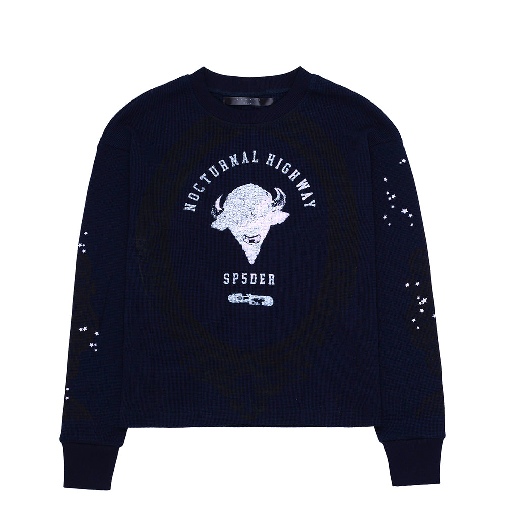 Custom dyed navy 10oz waffle thermal with "Nocturnal Highway" graphic and stars.