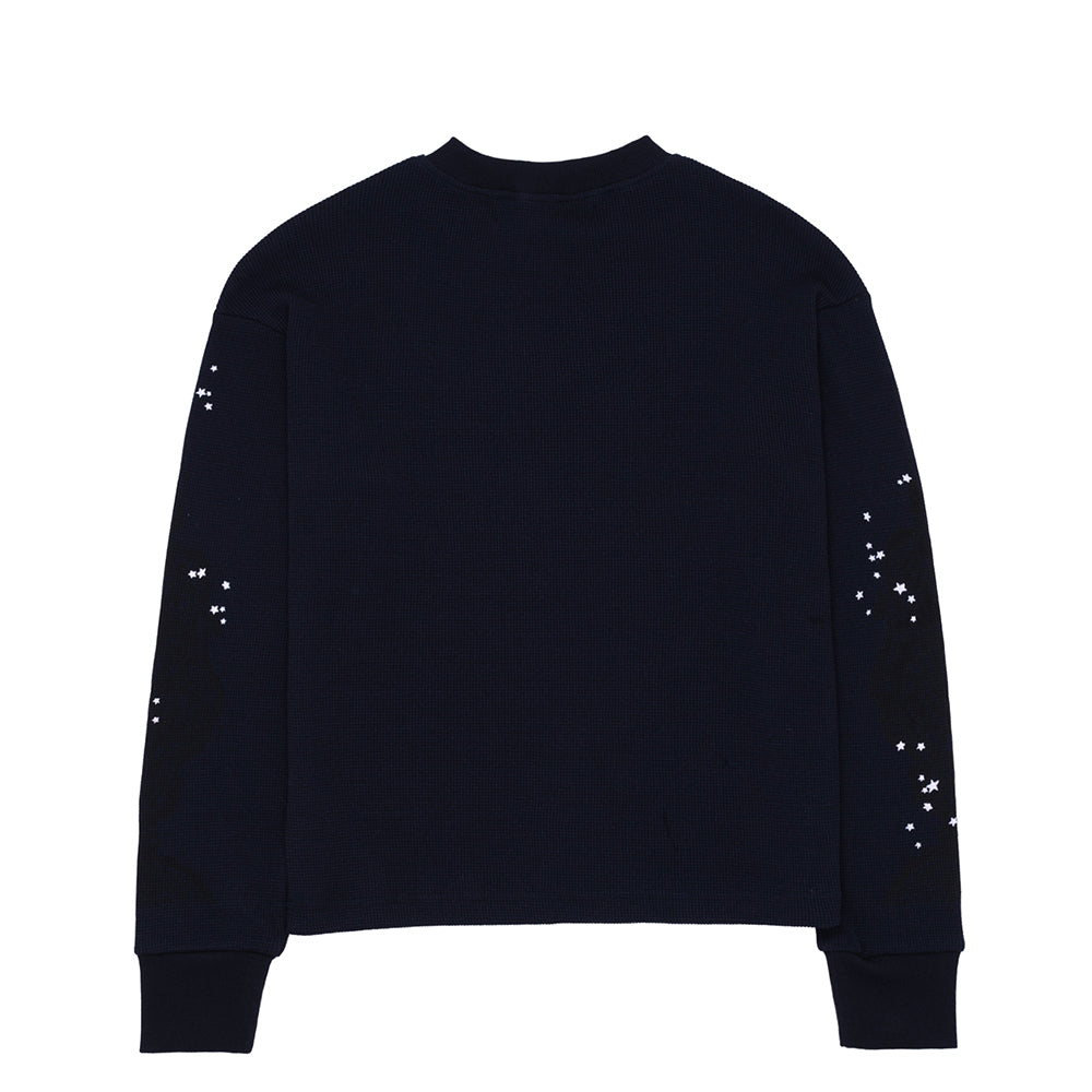 Navy 10oz waffle thermal with white star graphic print on sleeves.