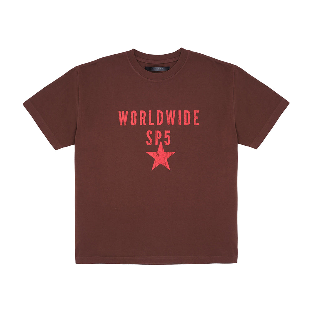 Brown oversized cotton jersey tee with "WORLDWIDE SP5" text and red star graphic.