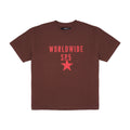 Brown oversized cotton jersey tee with "WORLDWIDE SP5" text and red star graphic.