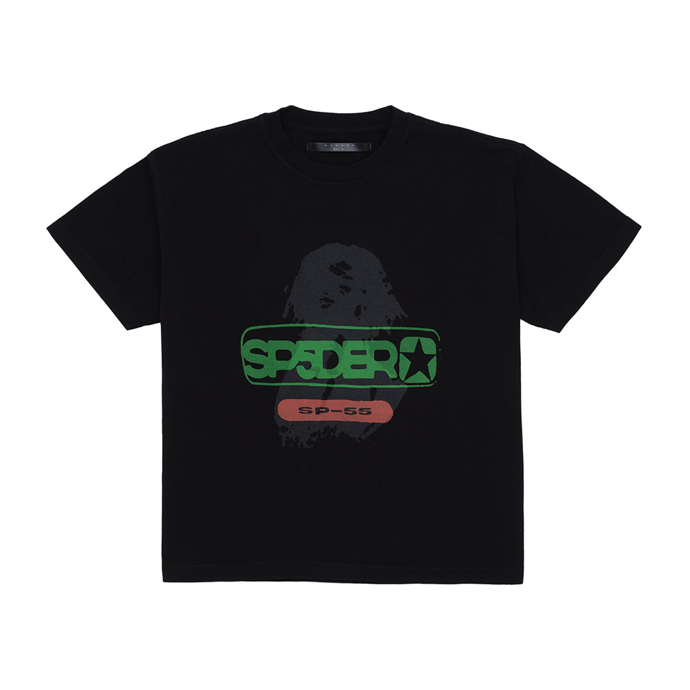 Oversized black cotton jersey tee with green "SPIDER" graphic and red "SP-55" text.