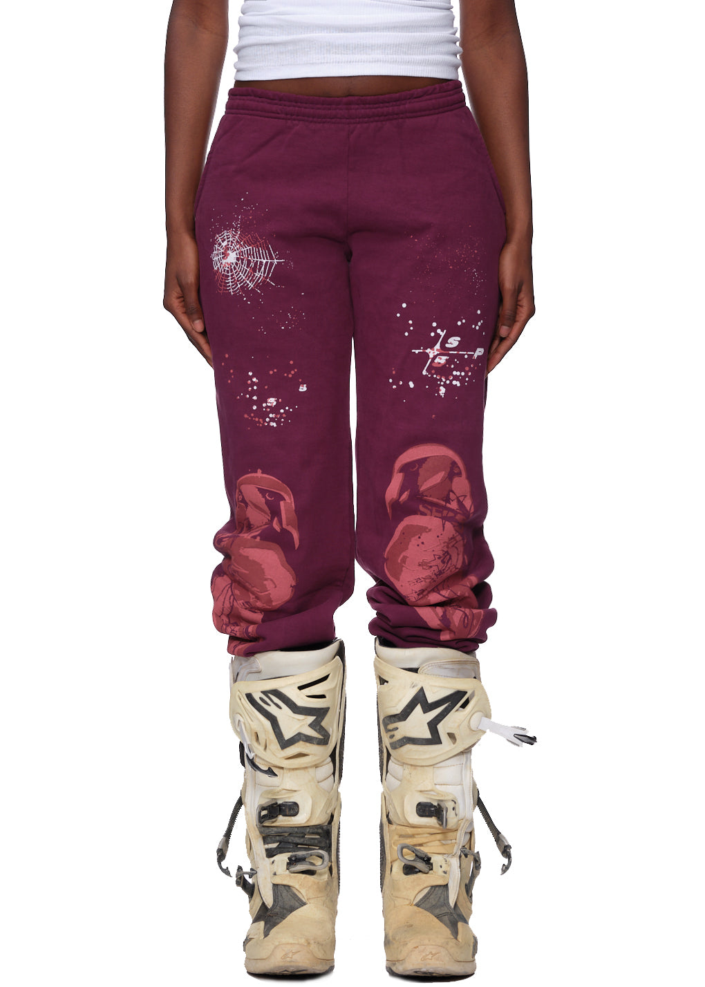 Maroon 23oz fleece sweatpants with white spiderweb, splatter, and red puff/discharge print graphics.