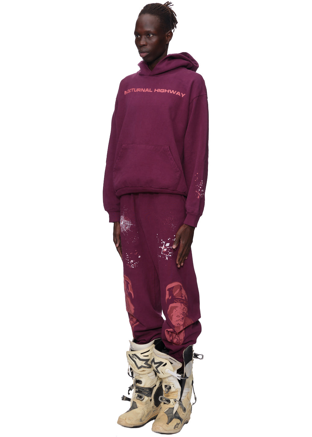 Maroon 23oz fleece hoodie and sweatpants with "NOCTURNAL HIGHWAY" puff print and discharge print designs.