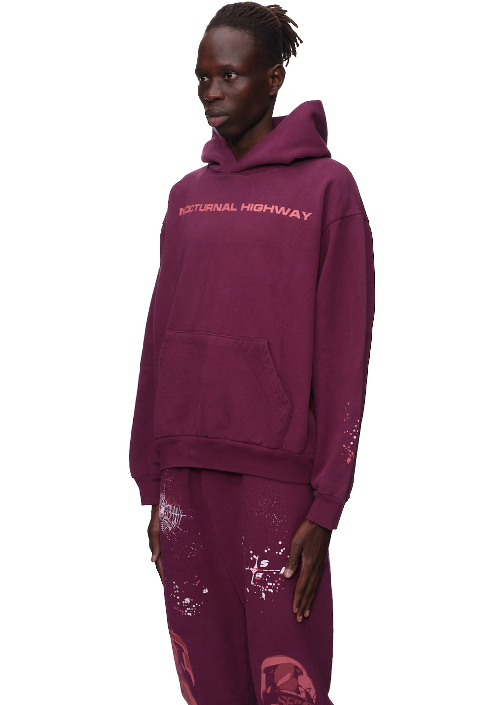 Maroon 23oz fleece hoodie with "NOCTURNAL HIGHWAY" puff print and discharge print details.