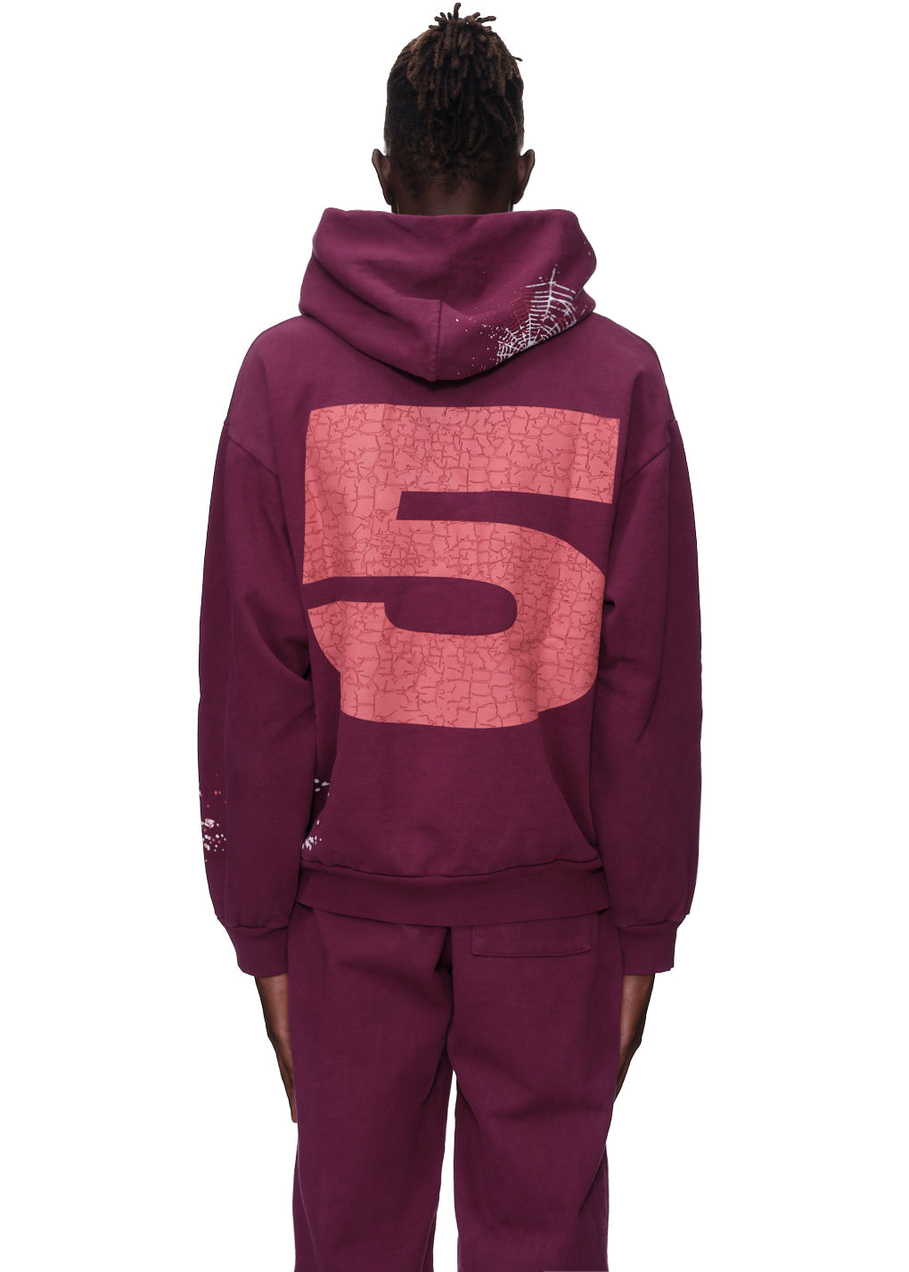 Maroon 23oz fleece hoodie with large textured "5" print on back, puff/discharge details.