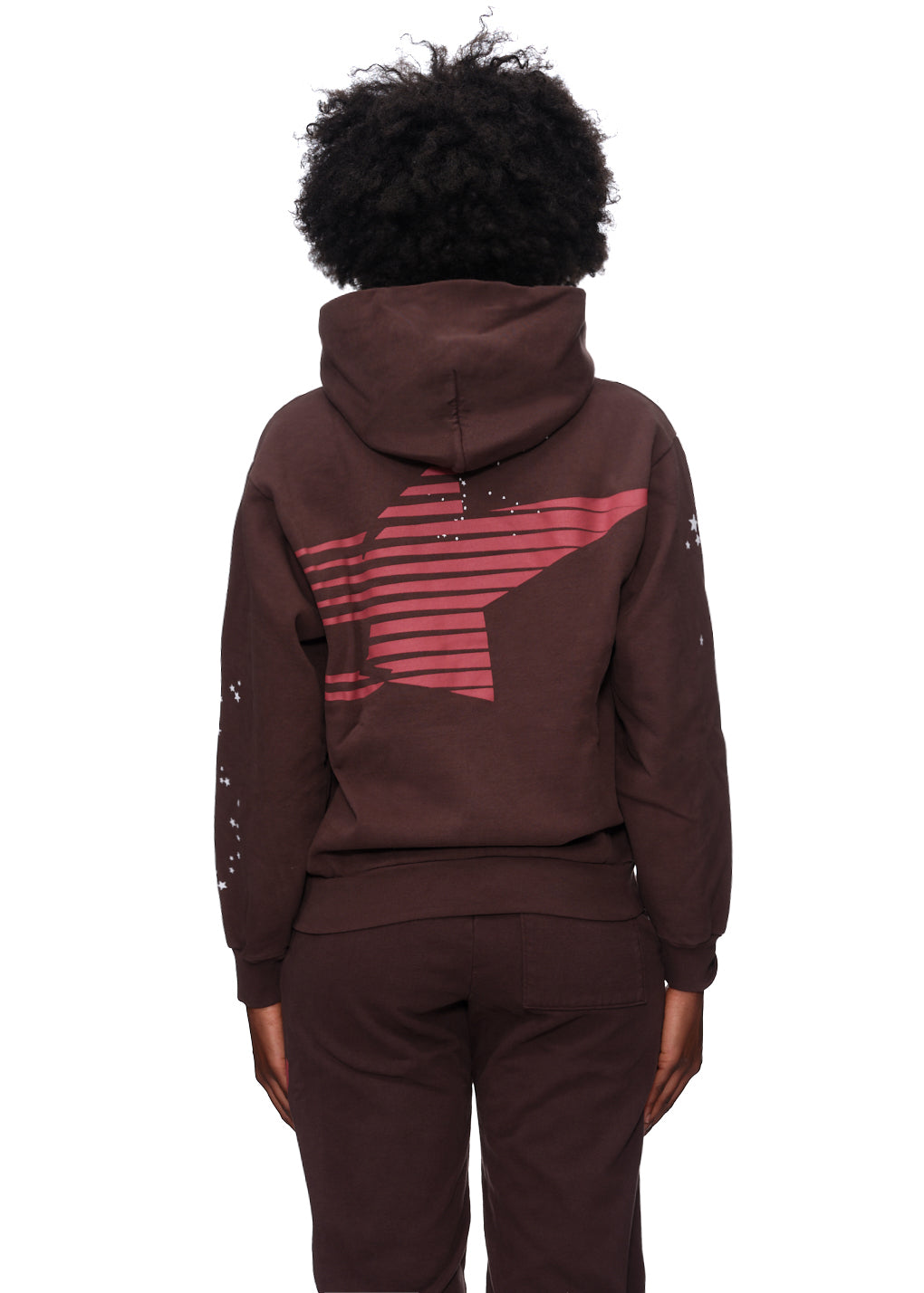 Brown 23oz fleece hoodie with red graphic and star print on back, worn by a person facing away.