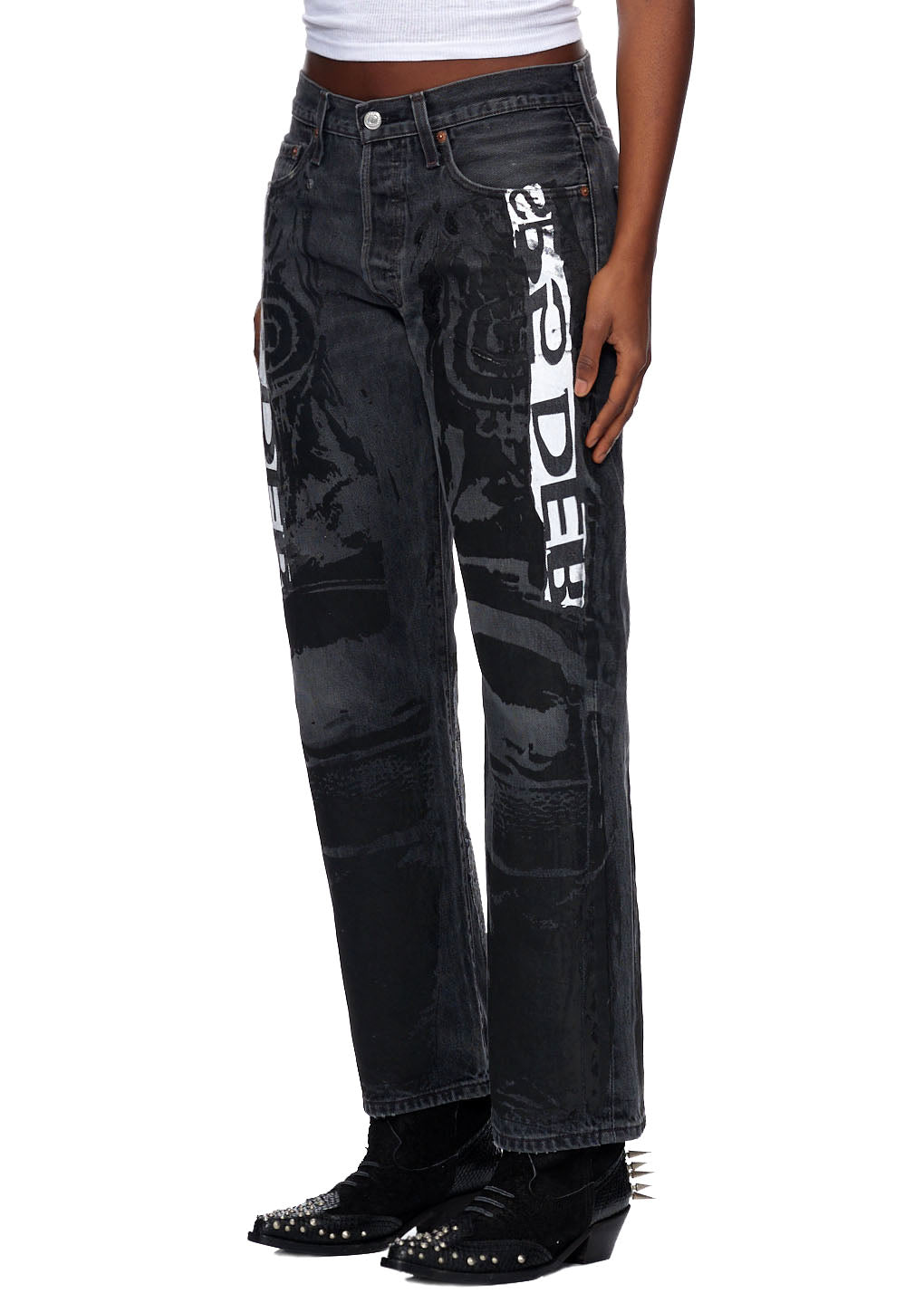 Vintage Levi's 501 MOTO JEAN with tonal moto design, contrast white SP5DER graphic, and pink leather back tab.