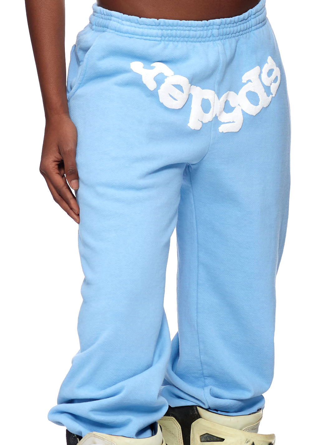 Light blue CLASSIC SWEATPANT with white puff print "SP5DER" web design on the waistband.