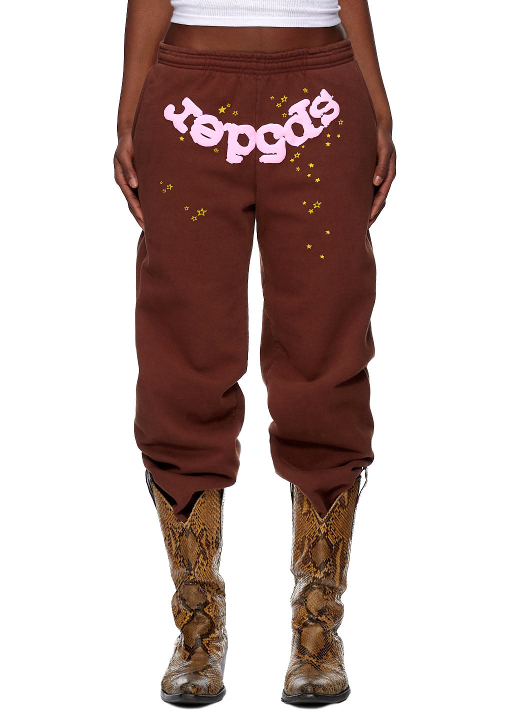 Brown CLASSIC SWEATPANT with pink "sp5der" puff print and yellow stars, made from 23oz fleece.