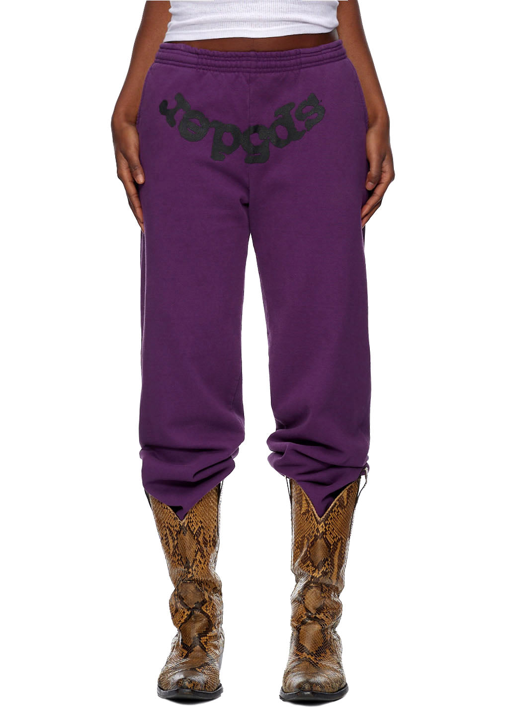 Purple CLASSIC SWEATPANT with black "SP5DER" puff/discharge print, made from 23oz fleece.