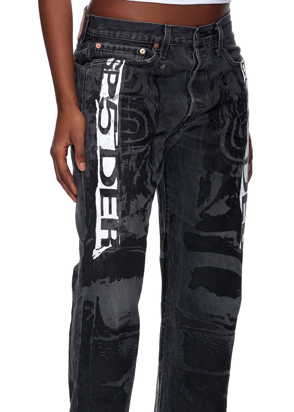 Vintage black Levi's 501 MOTO JEAN with white SP5DER graphic and tonal moto design.