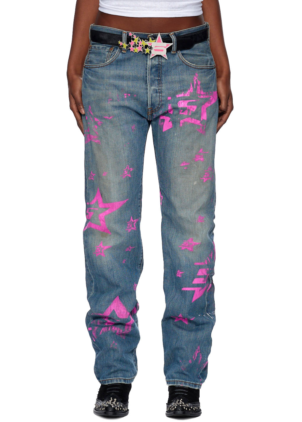 Vintage Levi's 501 jeans with pink "5 Star" graphic and star-studded belt.