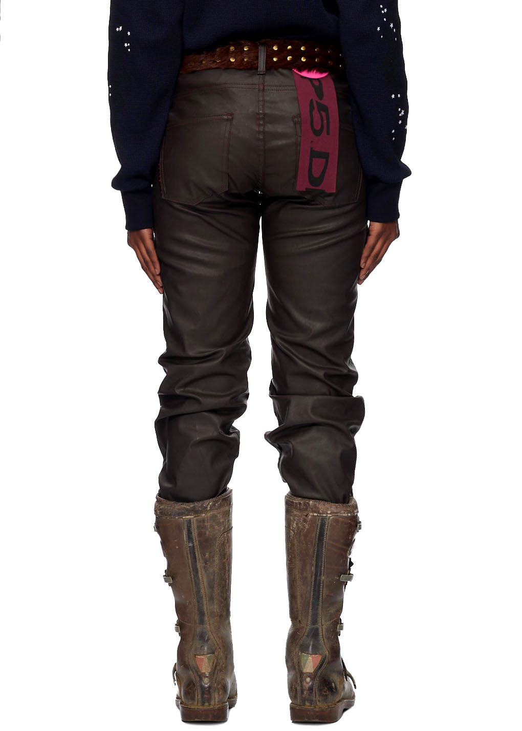 Brown coated canvas SP5DER jeans with branded tack buttons and high-density embroidery.