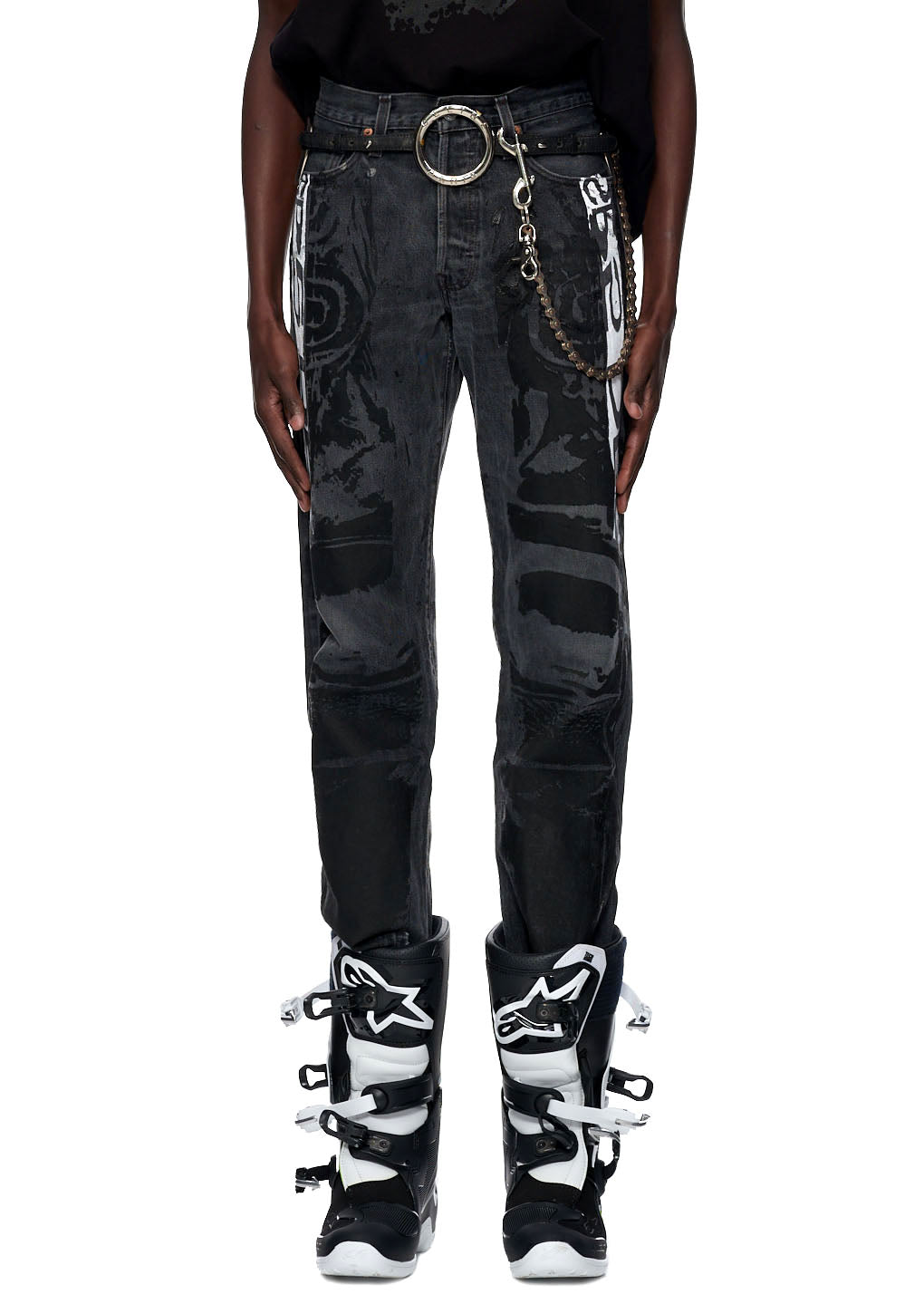 Vintage black Levi's 501 MOTO JEAN with tonal moto design, white SP5DER graphics, and a gold chain belt.