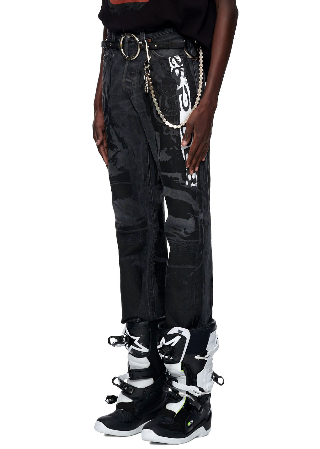 Vintage Levi's 501 MOTO JEAN with tonal moto design, contrast SP5DER graphic, and chain accessory.