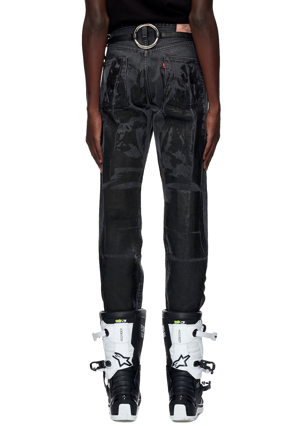 Vintage black Levi's 501 MOTO JEAN with tonal moto design, pink SP5DER back tab, and contrast graphic.