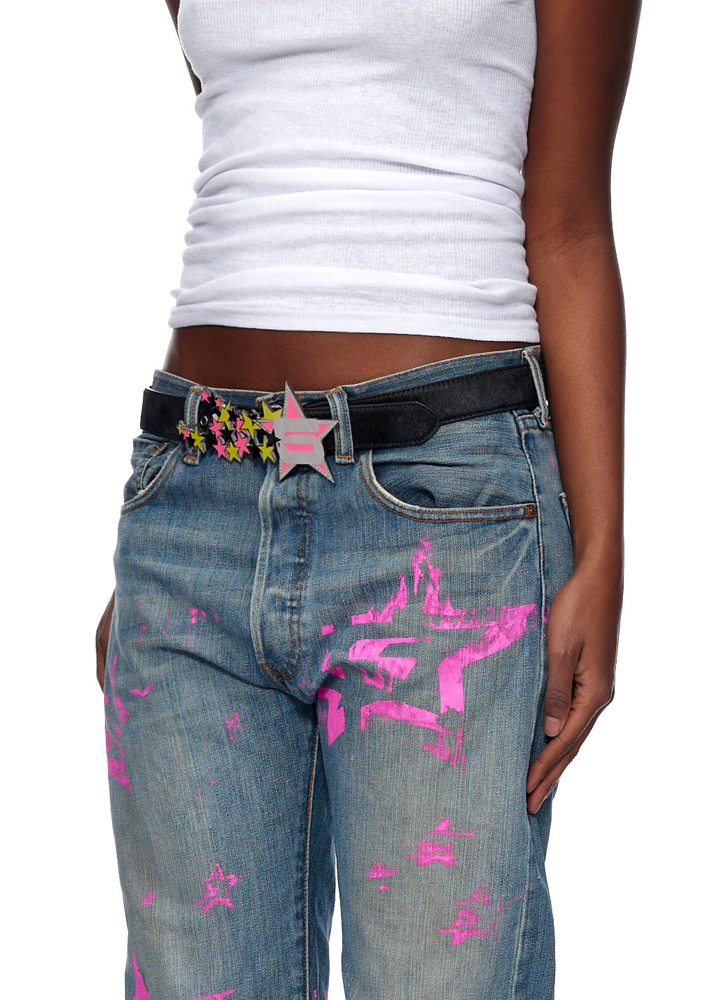5STAR BELT: Black leather pony hair strap with rhinestone details and a multicolor star buckle.