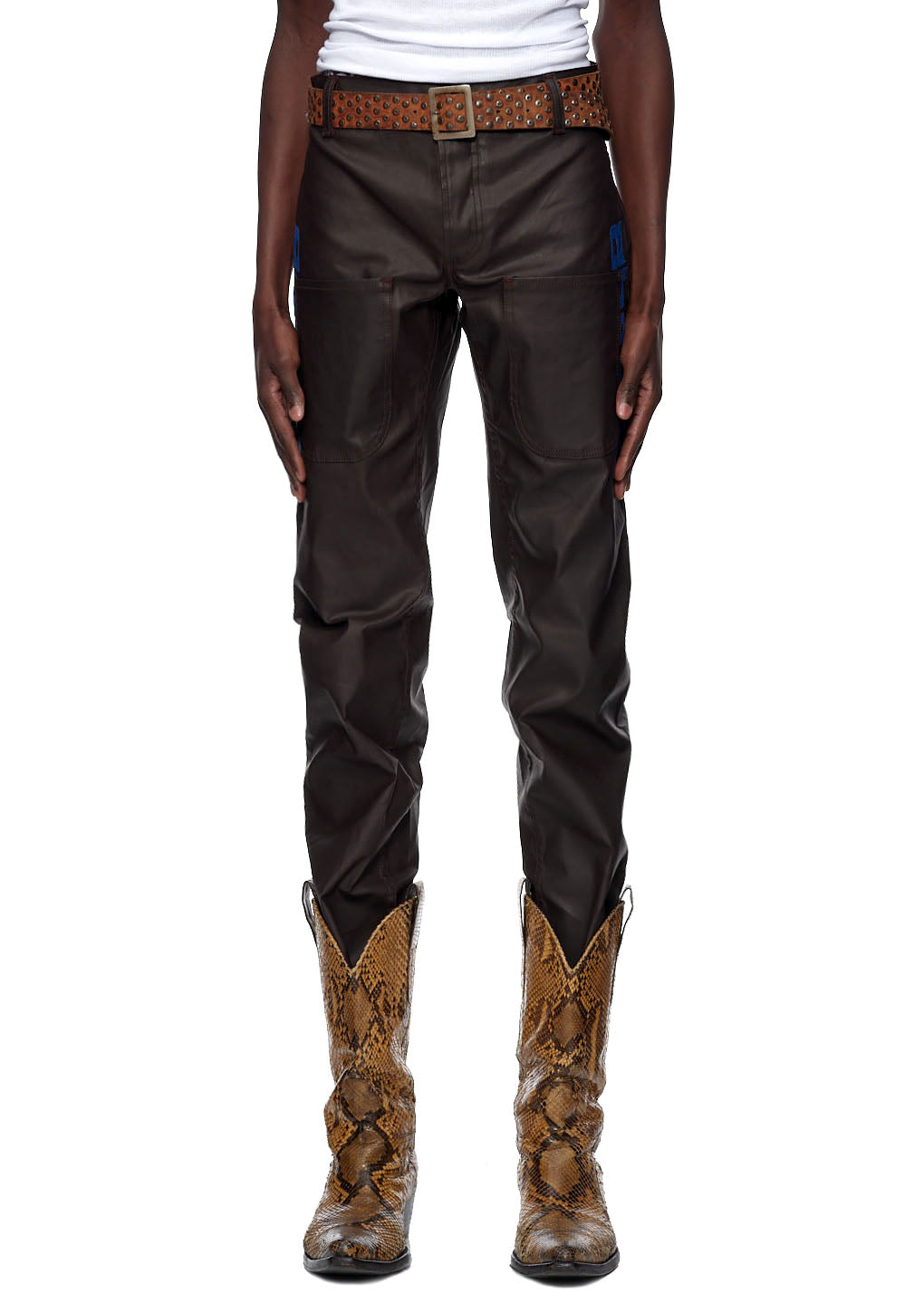 Brown coated canvas SP5DER front pocket jeans with branded tack buttons and raised embroidery.