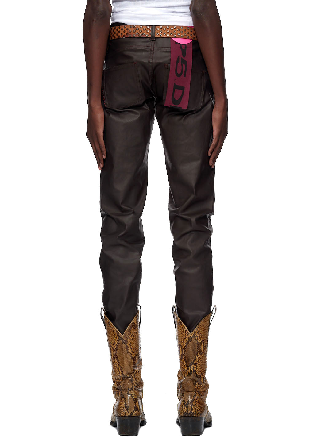 Brown coated canvas SP5DER front pocket jeans with branded tack buttons and raised embroidery.