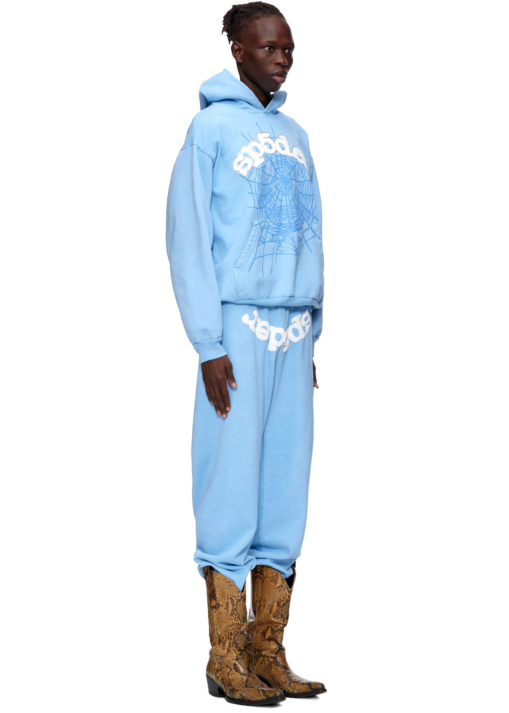 Light blue WEB HOODIE and sweatpants with white "sp5der" puff print and blue spider web graphic.