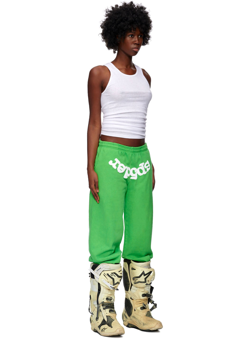 Green CLASSIC SWEATPANT with white "SP5DER" puff print, worn by a model.