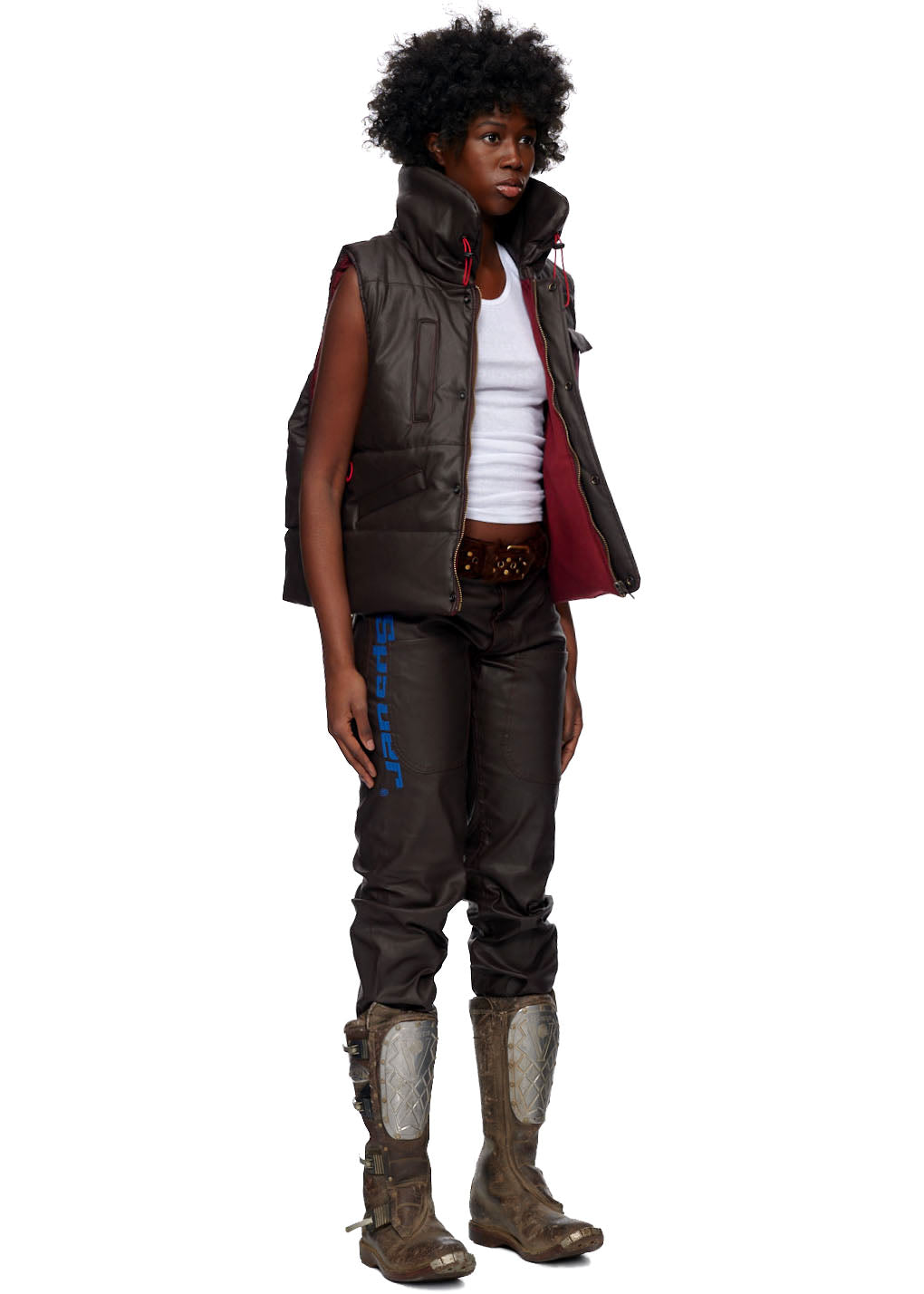 Brown coated canvas hooded puffer vest with red lining and antique brass zipper.