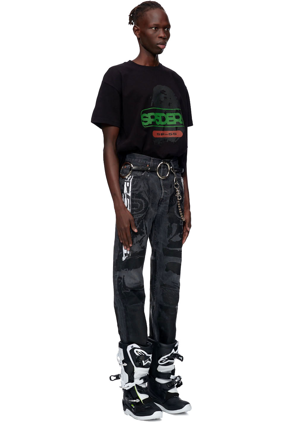 Black MOTO JEAN with tonal moto design, SP5DER graphic, and pink leather back tab.