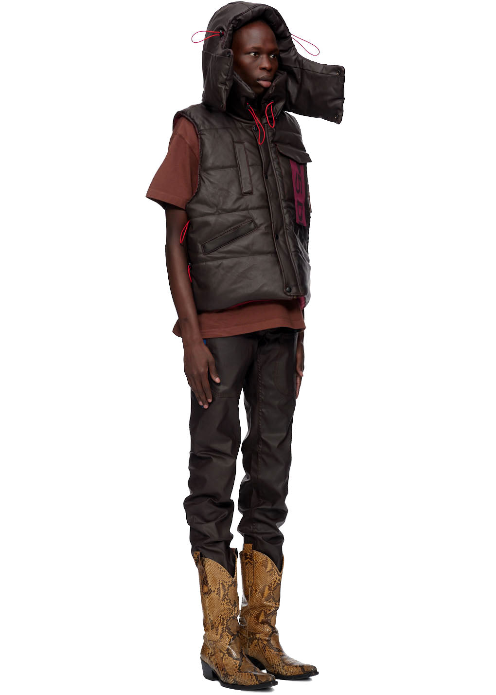 Brown coated canvas hooded puffer vest with red drawstrings and branded SP5DER label.