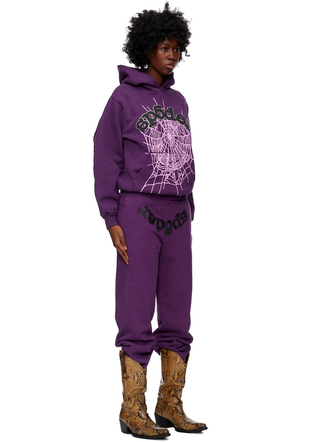Purple SP5DER WEB HOODIE and sweatpants set, featuring a spiderweb graphic and puff print logo.