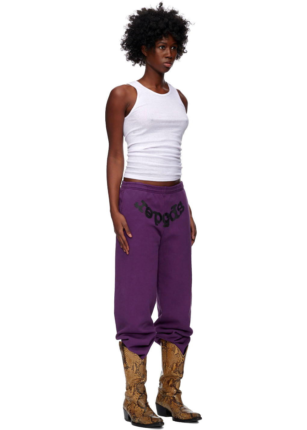 Purple CLASSIC SWEATPANT with black "SP5DER" puff print, worn by a model.