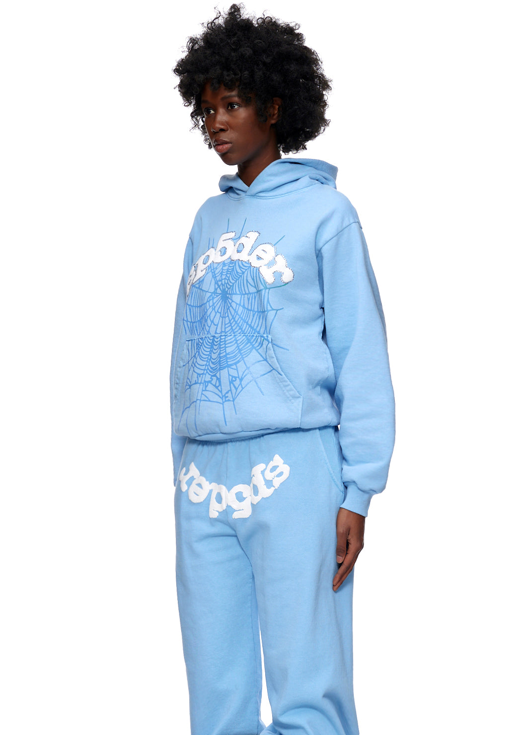 Light blue WEB HOODIE and sweatpants set with white SP5DER web and logo prints.