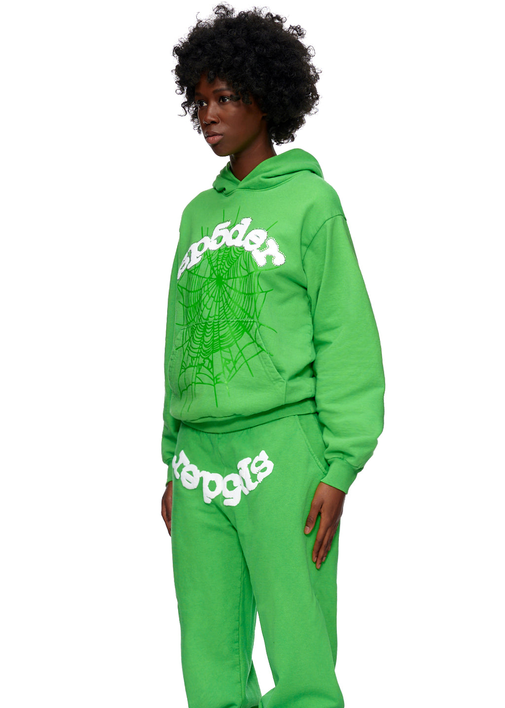 Green fleece hoodie and sweatpants with white "SP5DER" text and web print.