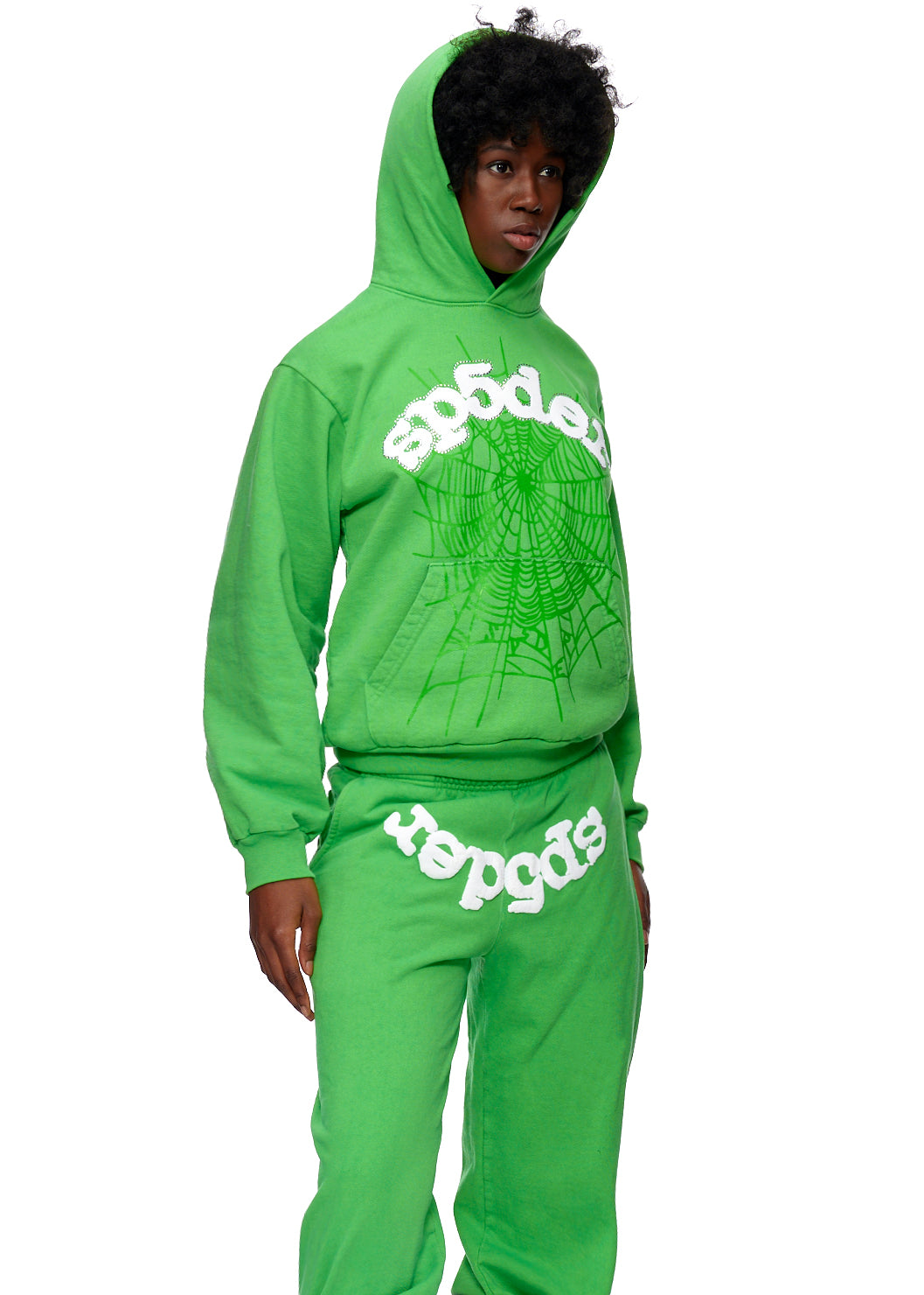 Green SP5DER WEB HOODIE and sweatpants set with white puff print logo and web design.