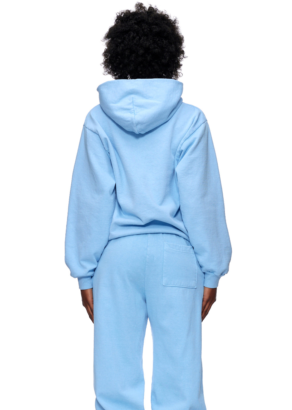 Back view of a light blue fleece WEB HOODIE and sweatpants with a pocket.