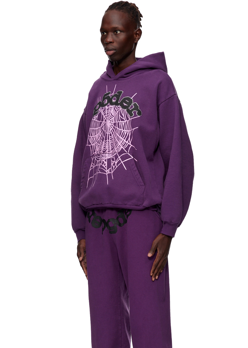 Purple WEB HOODIE with SP5DER web print, puff/discharge/high-density print, and matching sweatpants.