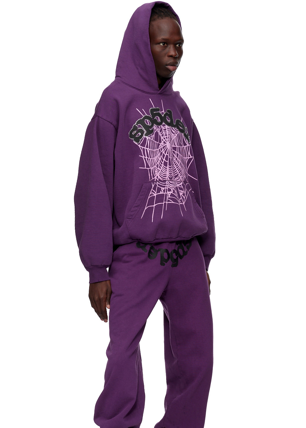 Purple 23oz fleece hoodie with SP5DER web print and matching sweatpants.