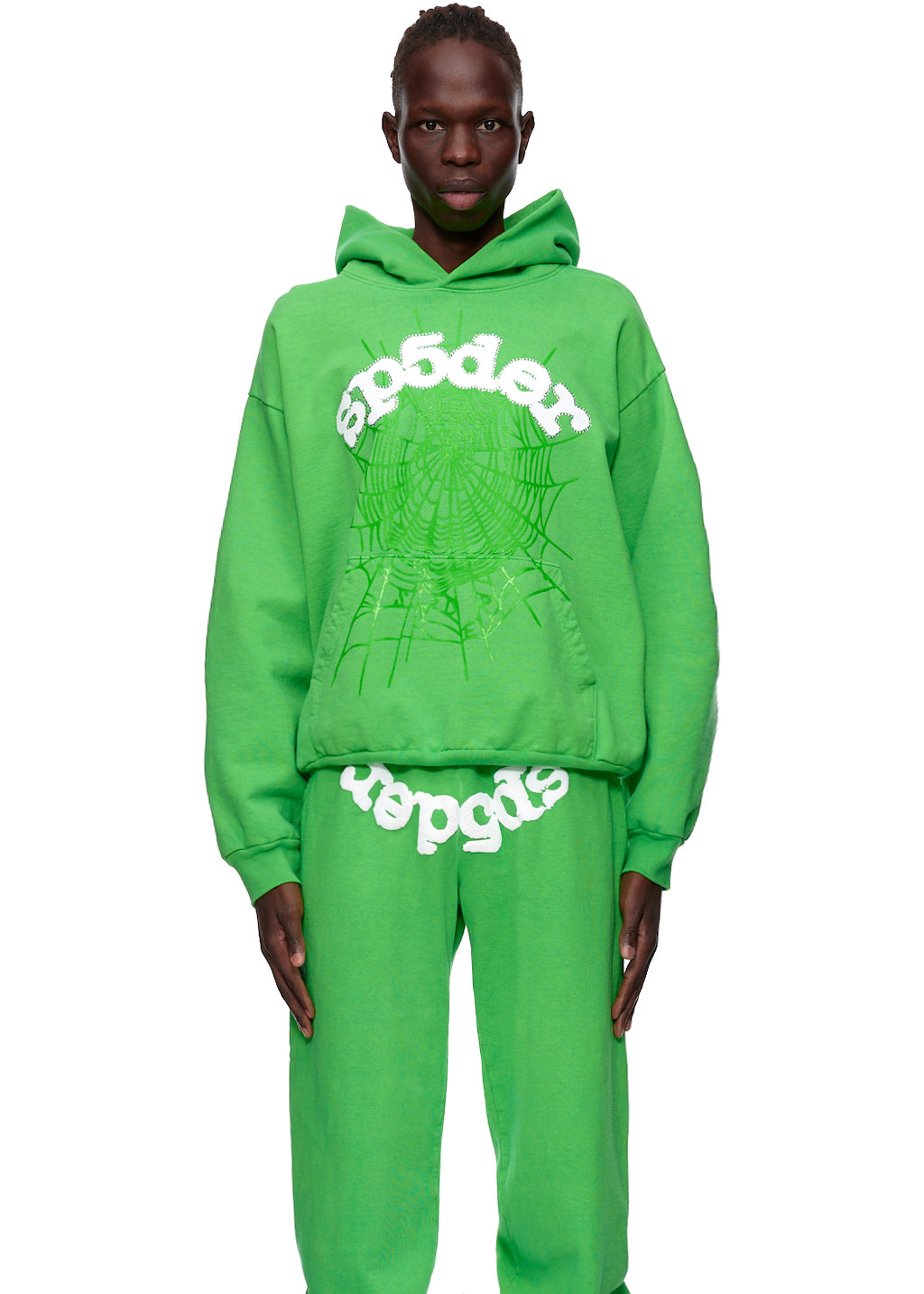 Lime green SP5DER WEB HOODIE and sweatpants with white puff print "Sp5der" and web graphic.